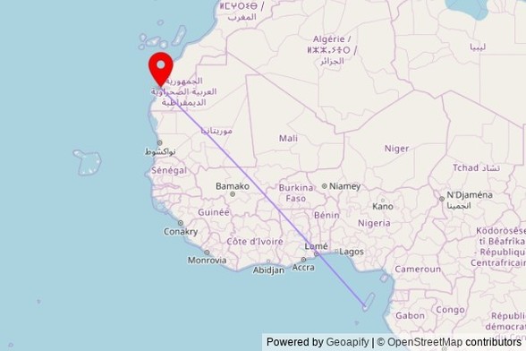 A map showing the great circle route from Trindade in Sao Tome and Principe to a map pin at Church of Our Lady of Carmen, Hassan II Boulevard, Dakhla, Morocco