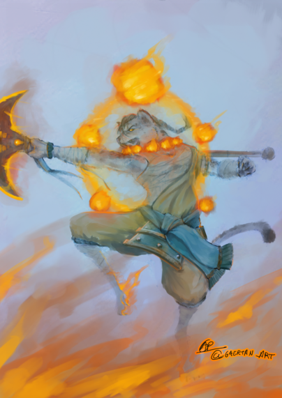 digital illustration of an anthropomorphic mountain leopard, wearing monk clothing,doing a fighting stance on one leg and pointing with a moon-bladed glaive towards a side, five fire orbs floating behind her and flames encasing her from below, her teal sash and light armor pads floating on the wind.