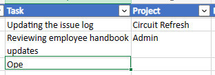 Snippet of a screenshot of an Excel spreadsheet. Two column headings, “Task” and “Project,” are visible with bold white text on a blue background. There are two complete entries visible: “Updating the issue log/Circuit Refresh” and “Reviewing employee handbook updates/Admin.” A third entry has not project specified and the Task column just reads, “Ope.”