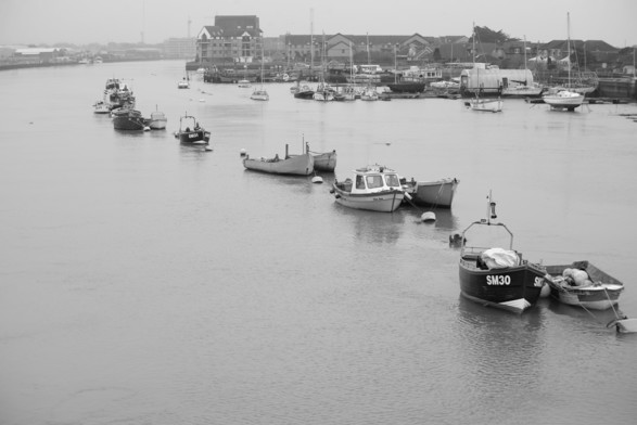 black and white photograph of boats at Shoreham