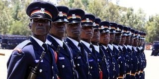 In this file photo, police recruits march during a passing-out parade at Kiganjo Training College in Nyeri County. Port-au-Prince says it is still hoping to receive Kenya police.
