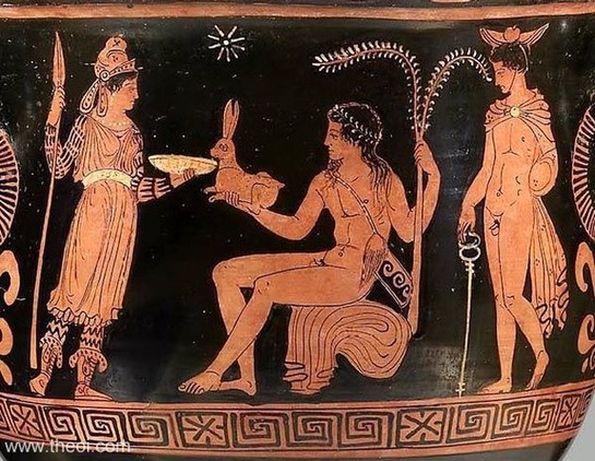 Red-figure vase painting of Bendis, standing, holding a spear and a bowl. Apollon is seated before her, offering her a hare. Behind him stands Hermes, holding his kerykeion.