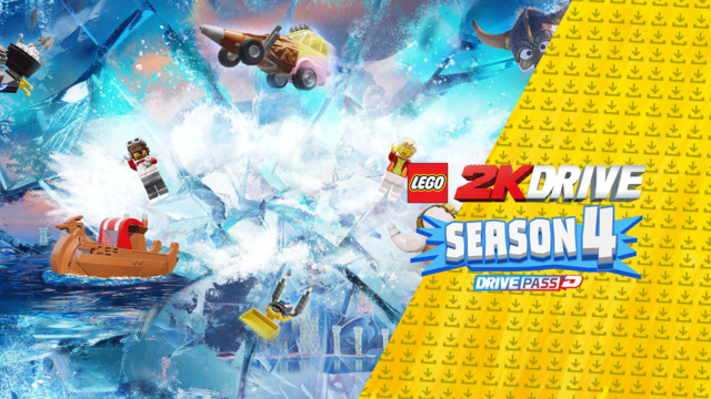 The Lego 2K Drive Season 4 key art, featuring Lego characters and cars smashing through ice
