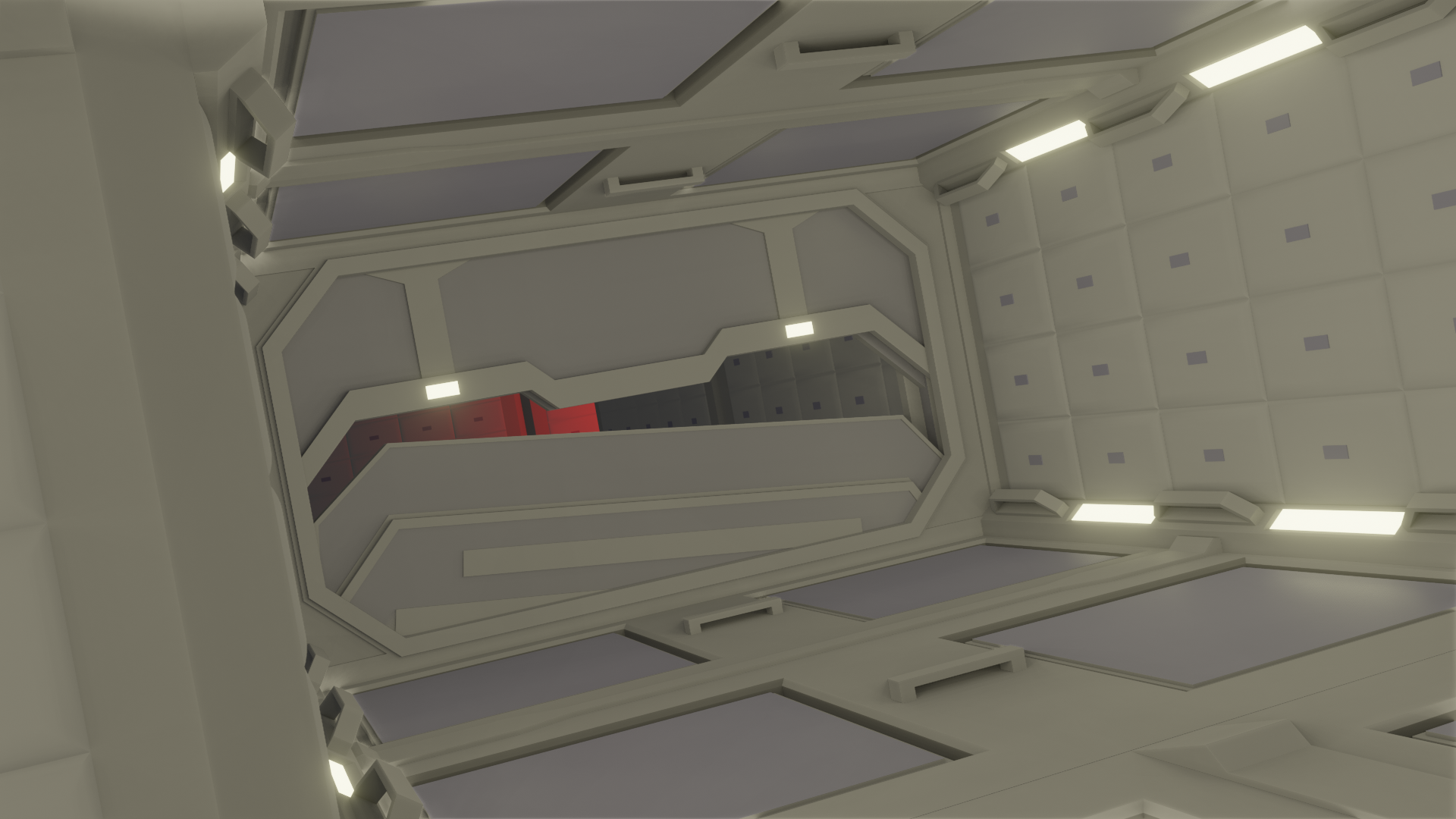 A partially closed, broken bulkhead door in a space station, seen around a corner down a hallway, with various handholds, lights, and panels along the walls, floor, and ceiling. On the far side of the door, the station is dark, with a red glow seeping in from around another corner.