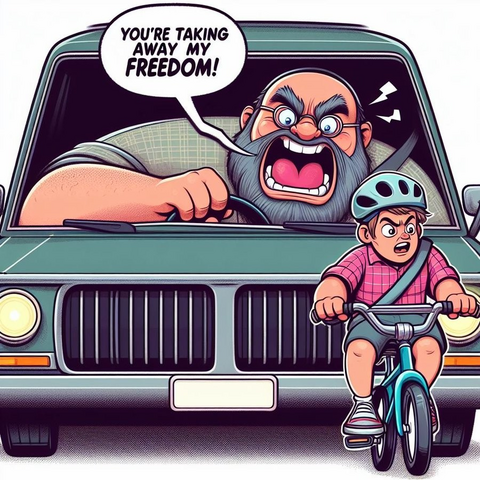 A cartoon image of an irate driver shouting "you are taking away my freedom" to a child trying to ride their bike on the road