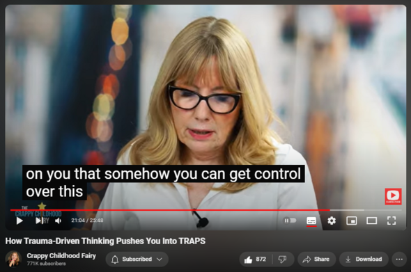 https://www.youtube.com/watch?v=syWJHEvTCS8
How Trauma-Driven Thinking Pushes You Into TRAPS
16,140 views  6 Mar 2024  The Crappy Childhood Fairy Podcast with Anna Runkle
LIVE Webinar Mar 12. The Hidden Forms of Avoidance: https://bit.ly/4bLEmbT
Do You Have CPTSD? Take the QUIZ: http://bit.ly/3GhE65z
FREE COURSE: *The Daily Practice*: http://bit.ly/3X1BrE0
Website: http://bit.ly/3CxgkRY
***
A history of trauma can leave you defenseless against terrible mistakes. When you feel confused and you find yourself hiding the truth of your life from the people who care about you, you may be in a dangerous state of denial. Denial is a destructive force, and when you’re in it, you can’t see it. Everything depends on reaching out for help. In this video I respond to a letter from a woman who is psychologically trapped in an exploitative "marriage." Hear my advice for how to wake up and get support to prevent more damage to her life.