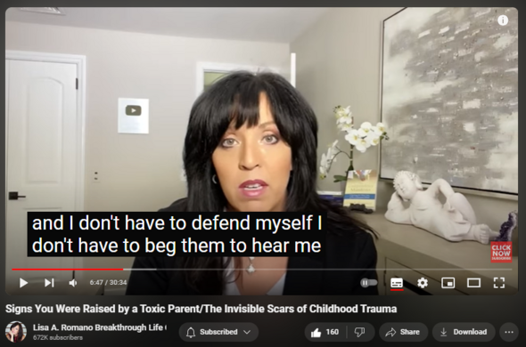 https://www.youtube.com/watch?v=aQ0Rf5Gk_b4
Signs You Were Raised by a Toxic Parent/The Invisible Scars of Childhood Trauma
7
8
9
0
1
2
3
4
5
6
7
8
9
 
 
1
2
3
4
5
6
7
8
9
0
1
2
3
4
5
6
7
8
9
0
1
2
3
4
5
6
7
8
9
 
 
1
2
3
4
5
6
7
8
9
0
1
2
3
4
5
6
7
8
9
0
1
2
3
4
5
6
7
8
9
 
 views  
13 Mar 2024  SIGNS OF TOXIC RELATIONSHIPS
#toxicparenting #toxicparents #dysfunctionalfamily In this video, learn about the signs you were raised by a toxic parent. Adult children from narcissistic, toxic, dysfunctional, or neglectful homes often do not realize how the way they were treated by their parents impacts them over a lifetime. In this video, Lisa A. Romano will unveil some of the signs that indicate that you were raised by a toxic parent. 

In this video, you will hear some of the things toxic parents say to their children and learn about the invisible scars verbal abuse causes. Children who experience emotional neglect and childhood trauma, often struggle with setting boundaries, speaking up for themselves, and with feeling good about who they are. Toxic parents condition their children to live in states of hypervigilance, which can lead to codependency, low self esteem, and feeling not good enough.

If you are ready to breakthrough the patterns, programs, and faulty beliefs created by adverse childhood conditions, visit the following link to learn how you can begin working with Lisa and her team for a 90 day intensive healing journey.
https://www.lisaaromano.com/12wbcp
