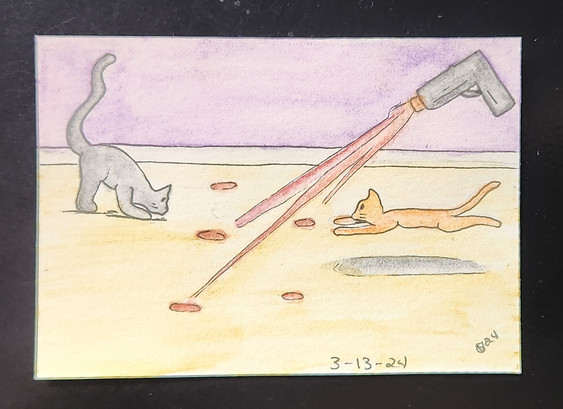 Watercolor painting of two cats chasing the many spots created by a laser gun.