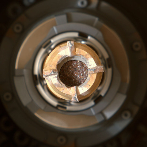 Rock core inside Perseverance's the hollow drill.