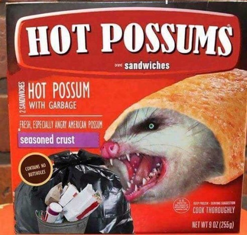 "Hot Possums" reads the biggest white text. It's a frozen stuffed bun box edited to be about possums instead of pockets.
(with garbage, reads the subtext)