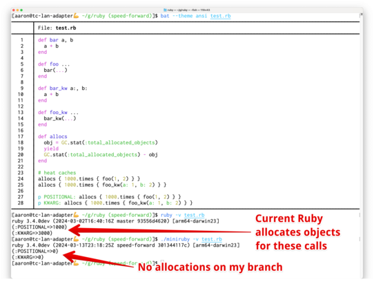screenshot showing object allocation comparisons. Upstream allocates many objects, my branch allocates none