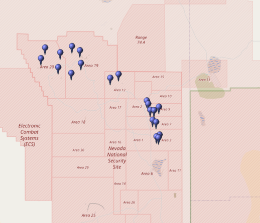 Kartierung aller Koordinaten von "Operation Anvil (Atomtest)" im Testgebiet Nevada (Nevada National Security Site, NNSS)
Quelle: OpenStreetMap
Lizenz: Open Data Commons Open Database-Lizenz (ODbL)