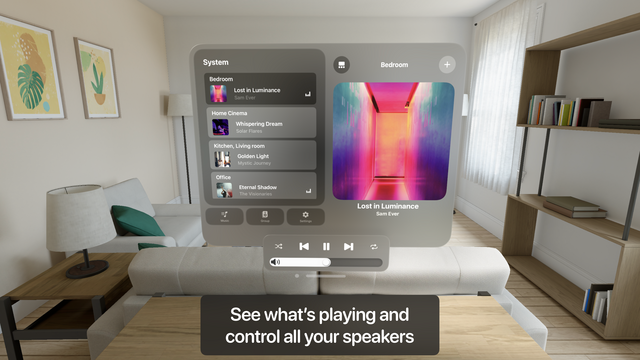 A screenshot of the Lyd app for Vision Pro. Showing the current playing song in a living room