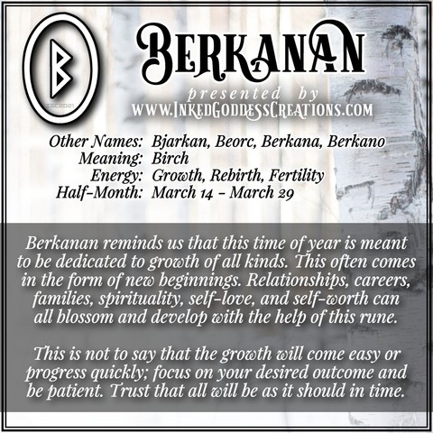 A graphic about the Norse rune Berkanan from Inked Goddess Creations.
