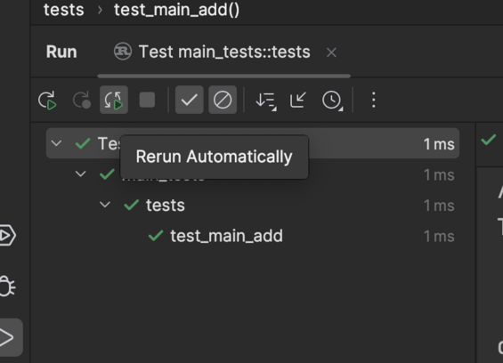 Test tool window with Rerun Automatically button highlighted.