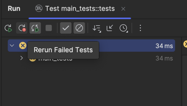 Rerun Failed Tests button highlighted in RustRover