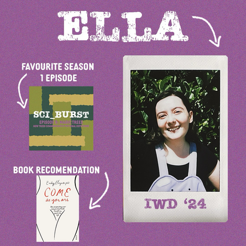 Purple background with a Polaroid of a smiling girl on it. Also on the purple background is the graphic for a podcast episode and the cover of a book.