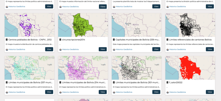 A screenshot of the GeoBolivia portal. It shows 8 maps of Bolivia, such as Centros poblados de Bolivia, Capitales municipales, limites municipales, etc.