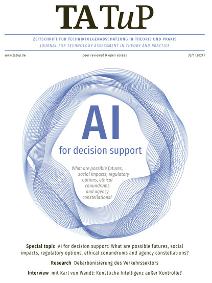 Cover TATuP Vol. 33 No. 1 (2024): AI for decision support: What are possible futures, social impacts, regulatory options, ethical conundrums and agency constellations? 