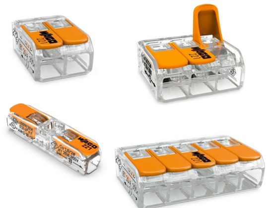 These little flip-tab connectors allow you to connect wires together quickly.  Little plastic rectangles with gold-coloured flip-up caps to clamp the wire and make the connection.