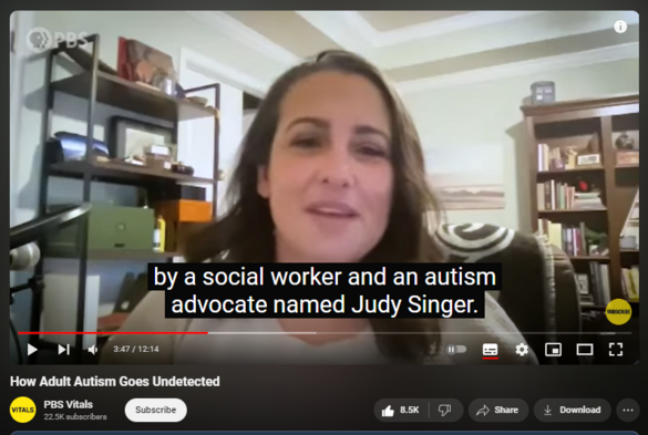 https://www.youtube.com/watch?v=2rxzC4OBaOs
How Adult Autism Goes Undetected


235,599 views  2 Mar 2023
You’re an adult and you think you are autistic, what do you do? Autism, psychologically diagnosed as Autism Spectrum Disorder (ASD), is most commonly thought of as a developmental disorder diagnosed during childhood. In 2018, the CDC reported that 1 in 44 US children were diagnosed as autistic, but what happens when these kids grow up? And what about those that fell through a gap in the system and were under-reported. In this episode of Vitals, we hear from Kip Chow, an autistic advocate, educator, and someone that was officially diagnosed as autistic as an adult, on why they think the system for assessing autism is lacking.  We also spoke to Dr. Lesley Cook, a clinical psychologist and an expert in the field of neurodiversity-affirming assessment and treatment of children, adolescents and adults. 

🩺🥼 Vitals is a series that’s taking a new approach to health and medicine. Hosts Alok Patel, MD, and Sheena Williams RN are going beyond the headlines to answer your questions on the latest health topics. No judgment, no taboos. Just 100% science-based information.