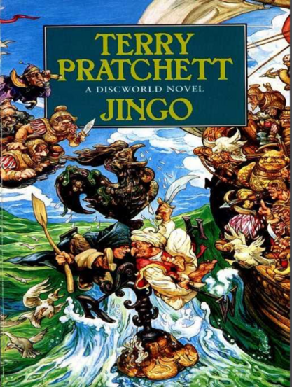 Cover of the #terrypratchett book “Jingo”
Showing an intricate artwork depicting two fisherman fighting over the newly risen from the sea land of Leshp 