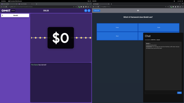 A screenshot of my entire desktop, showing a Gimkit tab and librekit tab open side-by-side in Chromium. The librekit tabs shows a question with answers from the Gimkit game, as well as a chat box, which is powered by IRC.