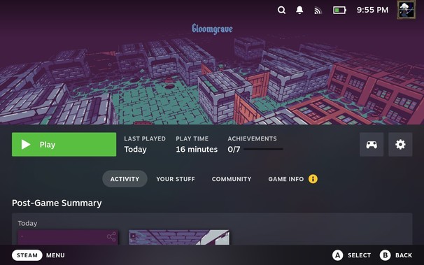 Gloomgrave page, showing that I played for 16 minutes.