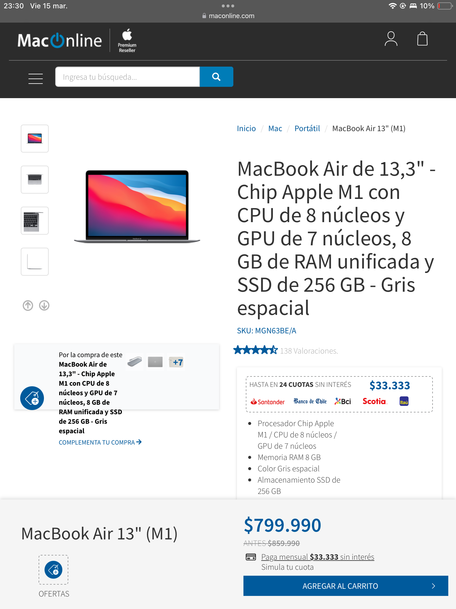 M1 MacBook Air for sale in MacOnline (price in CLP)