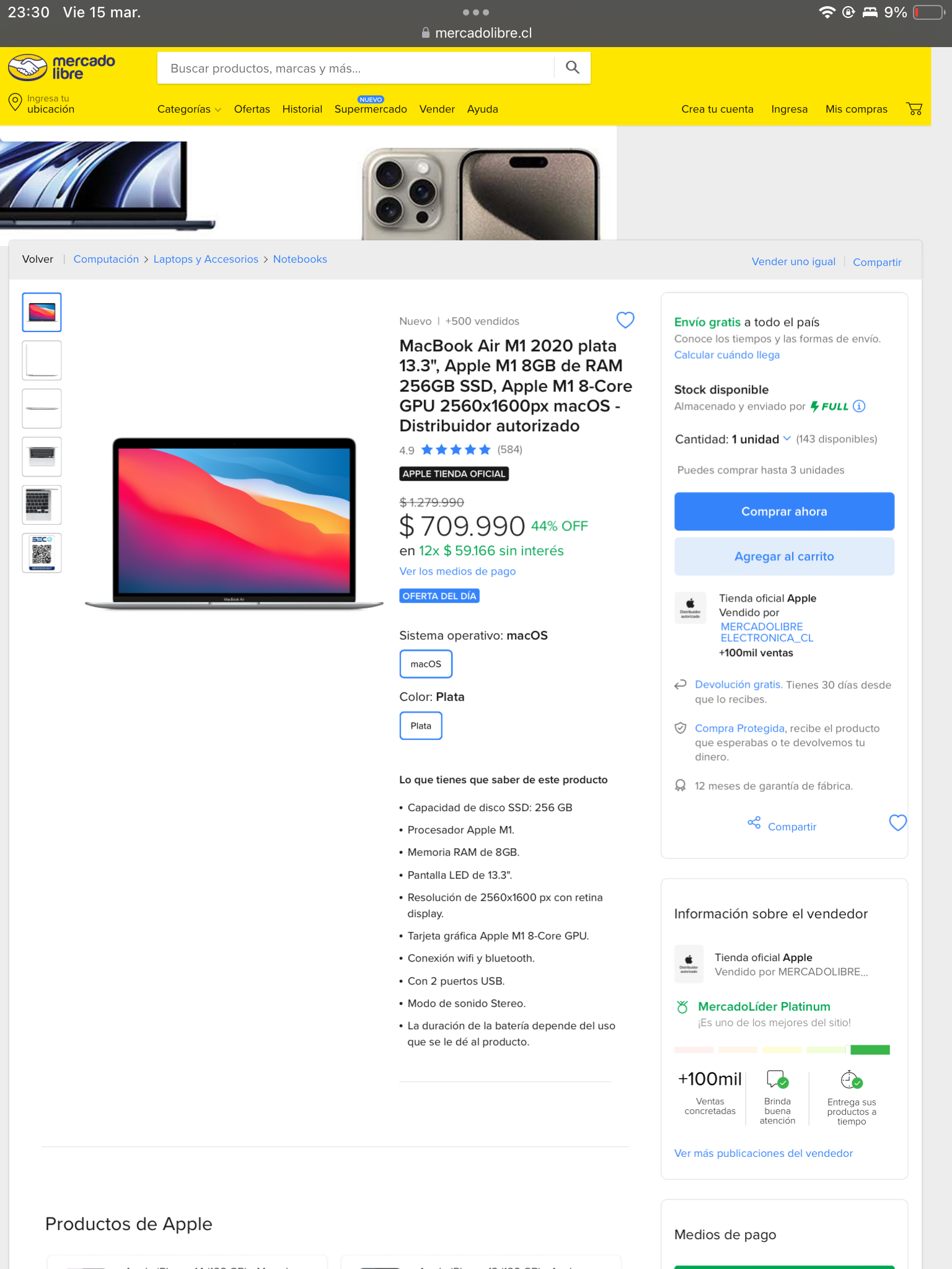 M1 MacBook Air for sale in MercadoLibre Chile (price in CLP)