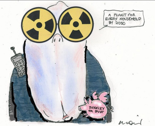 A dick-shaped headed Dutt on his crime squad swat uniform with his local radio in his top pocket, his new glasses adopt the nuclear radiation sign:
"A PLANT FOR EVERY HOUSEHOLD BY 2050"
A pink pig flies past [DUNKLEY OR BUST]
