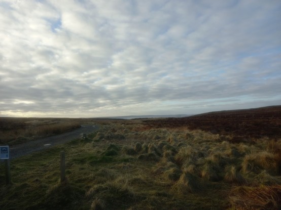 Weite Heide- und Graslandschaft, ein wenig ist vom Meer zu sehen.