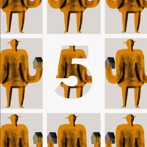 In una griglia di nove celle (3 file e 3 colonne) con illustrazioni di Forma di un uomo in colore giallo con cappello e una casa grigia sul braccio destro ( Copertina del libro: olossus di Guridi, Tres tigres tristes). La cella centrale ha la forma di un cinque con l'illustrazione all'interno e il colore bianco all'esterno.
