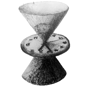 A pencil drawing of a clock with two funnels above and below it, with sand inside.