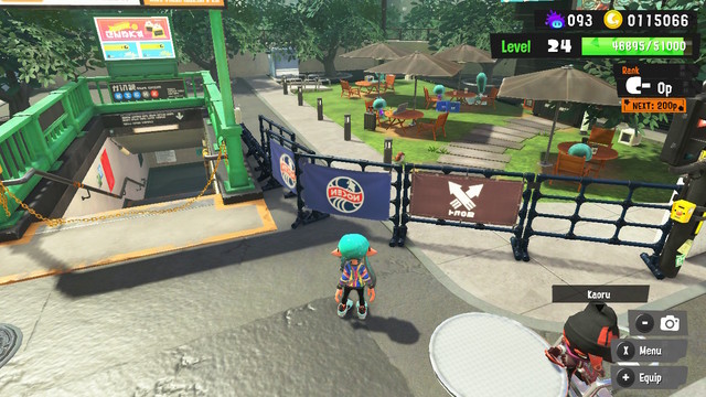 In Splatoon 3, jellyfish sit at shaded tables in a park to the right behind the start.