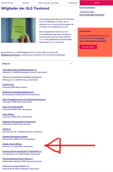 Bildschirmfoto der Seite https://gls-treuhand.de/die-gls-treuhand/freunde-partner-und-mitglieder/ mit Stand vom 16. März 2024.

Das Bildschirmfoto zeigt nur einen Teil der Seite, der für den Thread hier auf Mastodon erheblich ist.

In der Liste der Mitglieder ist unter anderem die Amadeu-Antonio-Stiftung aufgezählt.