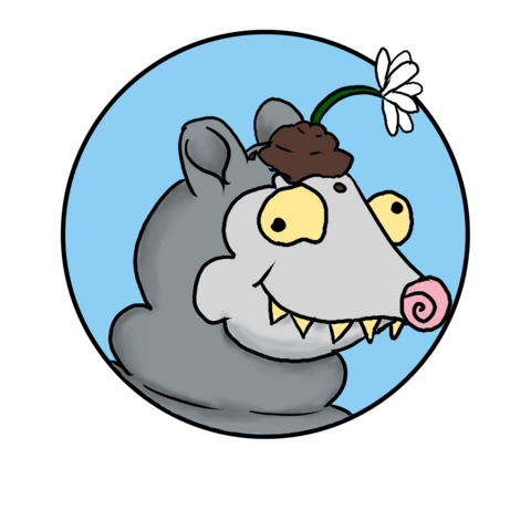A cursed art style opossum with a daisy and pile of dirt on her head named String Cheese