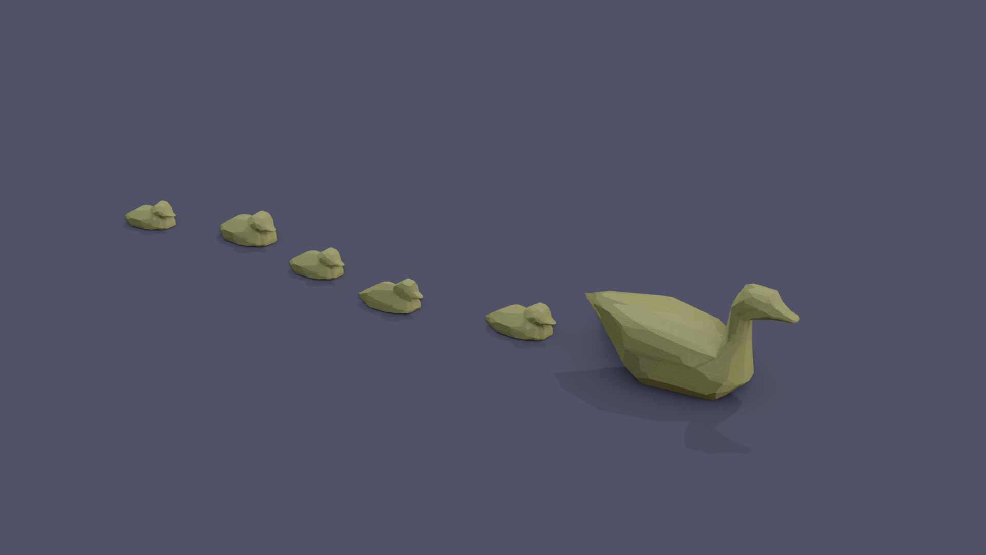 A low poly duck followed by five ducklings, shaded to look vaguely like wood carvings