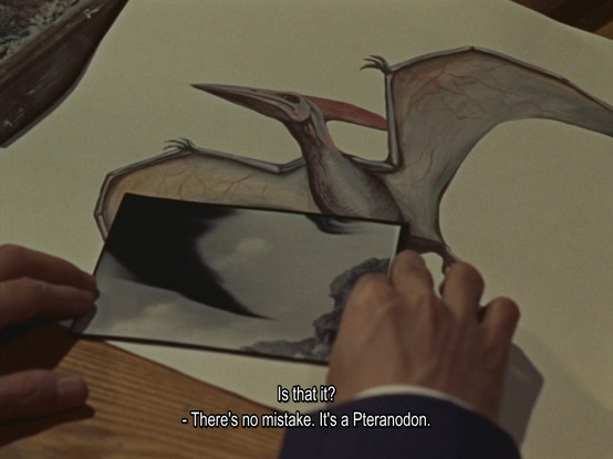 A still from the 1956 movie Rodan. A hastily taken photo is held over a drawing of a Pteranodon, and they match. The subtitles read "Is that it? There's no mistake. It's a Pteranodon.