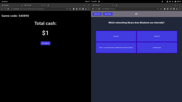 A screenshot of my desktop with two librekit tabs open, one hosting a game and the other joining it