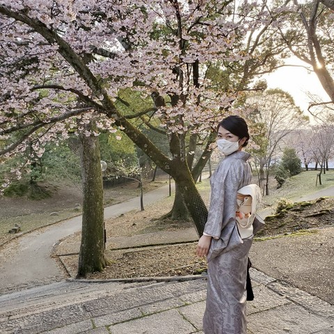 Aya-san amongst the cherry trees of Nara Park (as you can see from the mask, early spring is peak hay fever season).