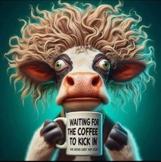 eine Kuh mit großen grünen Augen, einer Kaffeetasse in der Hand auf der steht, dass sie wartet, dass der Kaffee endlich wirken soll.