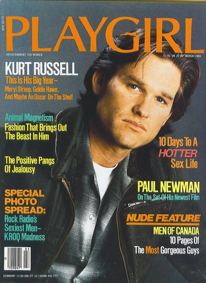 Playgirl cover March 1984 featuring Kurt Russel.
Text in orange, pink, yellow, white and cyan.
Text:
Title: PLAYGIRL
Subtite: ENTERTAINMENT FOR WOMEN
Articles: 
KURT RUSSELL
This Is His Big Year- Meryl Streep, Goldie Hawn. And Maybe An Oscar On The Shelf

Animal Magnetism 
Fashion That Brings Out The Beast In Him

The Positive Pangs Of Jealousy

SPECIAL PHOTO SPREAD:
Rock Radio's Sexiest Men- KROQ Madness

10 Days To A HOTTER Sex Life

PAUL NEWMAN On The Sat-Of-His Newest Film

NUDE FEATURE
MEN OF CANADA 10 Pages Of The Most Gorgeous Guys
Bottom left: bar code with number 0 709897 03
GERMANY 12.00 DM/FF 32/SPAIN 495 PTS
$2.95 UK 12.00 MARCH 1984