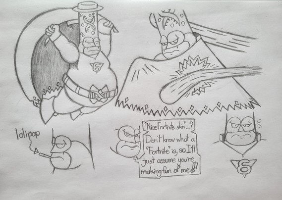 Multiple hand-drawn art of Zyguss/"Mr. Dregs", showing him using his cape for flight & deflecting projectiles (top-left & top-right), him "smoking" a cigarette that is actually a lolipop (bottom-left), him thinking someone calling his outfit a "nice Fortnite skin" is somehow an insult (bottom-middle), and him looking stunned & confused (bottom-right).