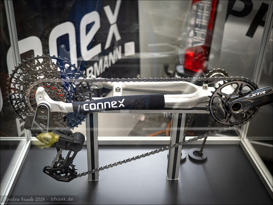 A Sram X0 Eagle Transmission Cassette and Rear Derailleur running with a prototype Connex 12x non-flattop chain matched to a Shimano XTR chainring