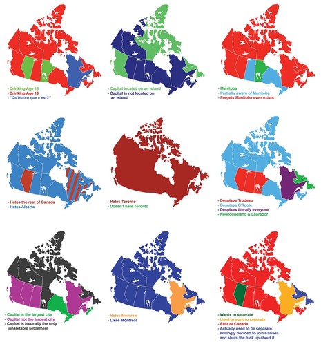 Collection of six stylized maps of Canada, each with humorous annotations describing different provinces' stereotypes, such as attitudes towards drinking age, opinions about cities like Toronto and Montreal, political leanings, and sentiments about separation from the country.