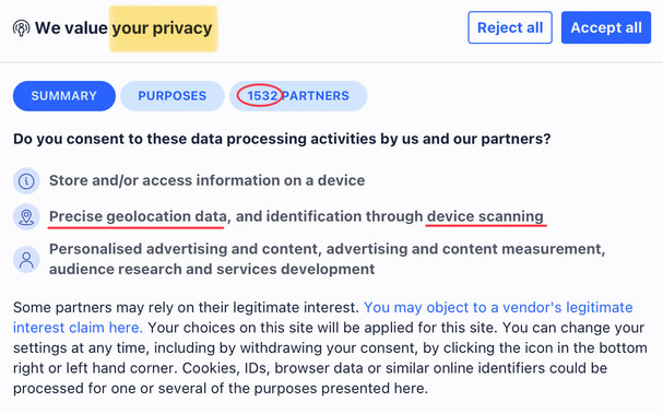 A privacy consent dialogue box appears, asking for consent to data processing activities with options to accept or reject. Text outlines the purposes and the ability to object or change settings.