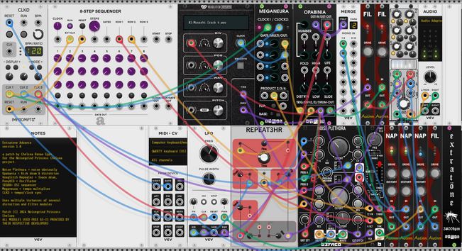 VCV Rack displaying the Extratone Advance version 1.0 patch. It contains a lot of modules, including some Extratone modules by Eater of Sheep and several instances of distortion modules.