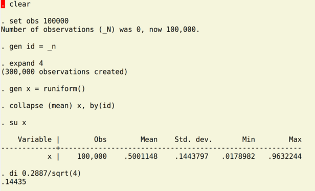 Stata code demonstrating the example

. clear

. set obs 100000
Number of observations (_N) was 0, now 100,000.

. gen id = _n

. expand 4
(300,000 observations created)

. gen x = runiform()

. collapse (mean) x, by(id)

. su x

    Variable |        Obs        Mean    Std. dev.       Min        Max
-------------+---------------------------------------------------------
           x |    100,000    .5001148    .1443797   .0178982   .9632244

. di 0.2887/sqrt(4)
.14435
