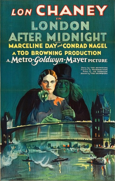 London After Midnight film poster. Lon Chaney snr in top hat, cloak and ghoulish makeup behind a frightened lady. Tower Bridge is integrated into design. 